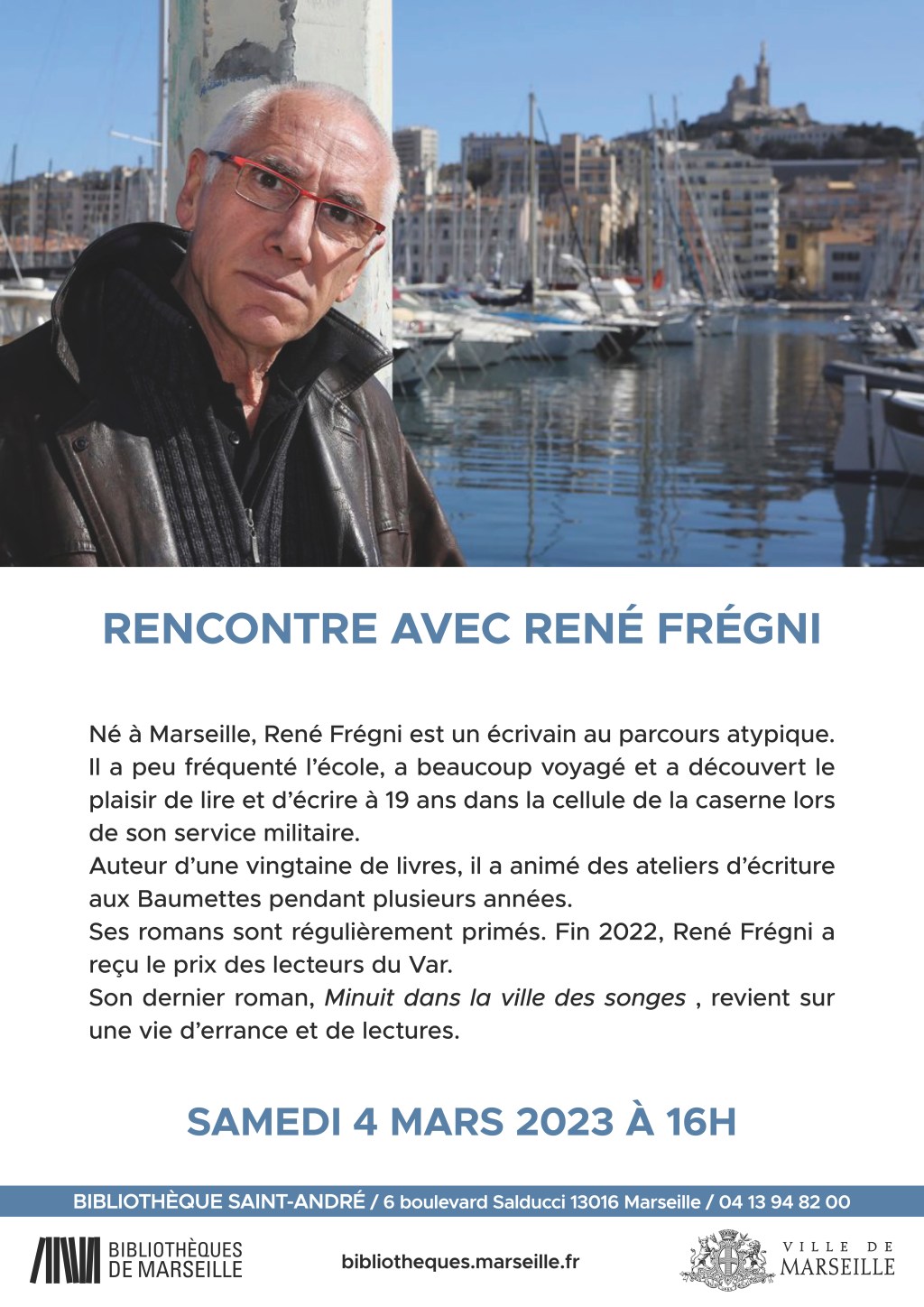 RENCONTRE avec René Frégni. Samedi 4 mars 2023 – 16h. Bibliothèque&nbsp;Saint-André